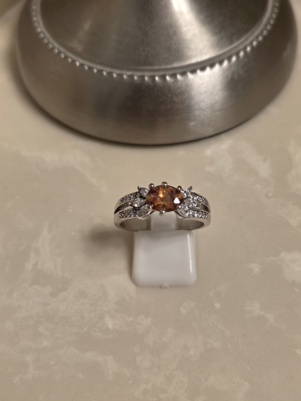 Silver CZ and Orange Citrine Ring Size 10